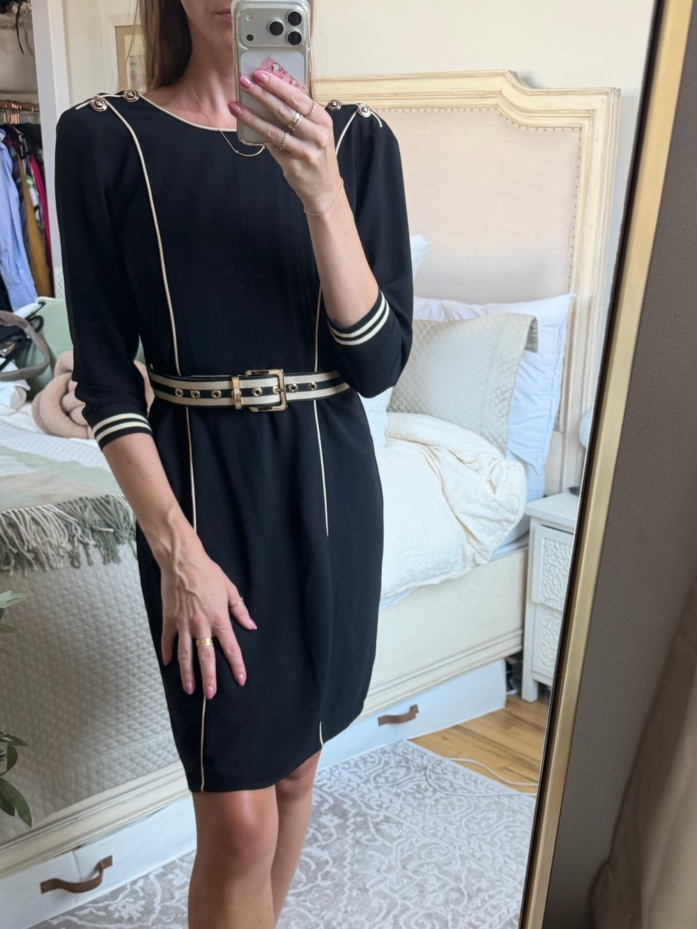 Burberry Black quarter-Sleeve Dress with Cream Piping and Striped Belt